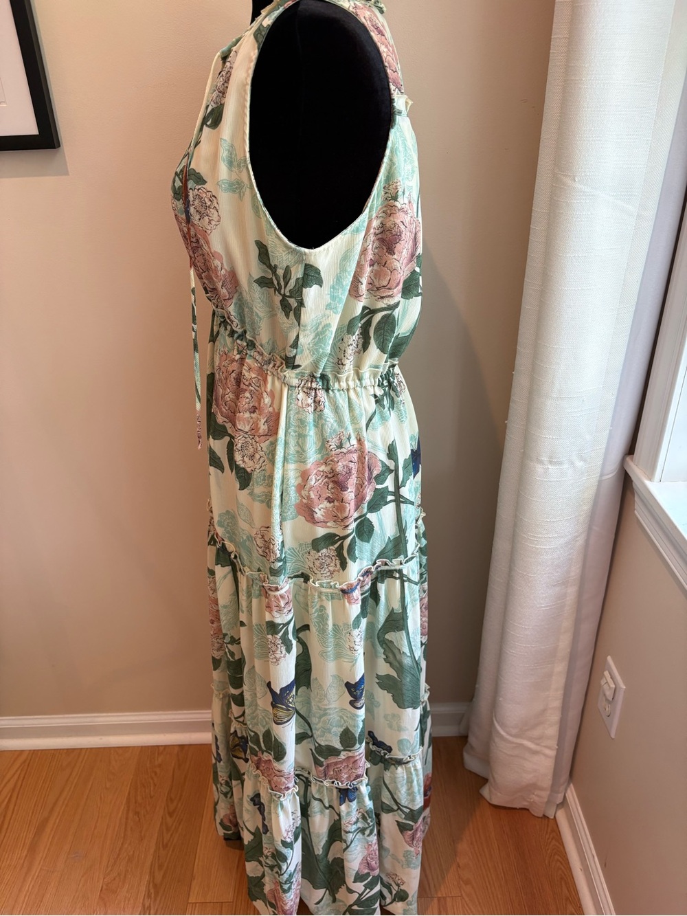 Maeve Floral Tiered Maxi Dress in Cream, Green and Pink - Picture 4 of 4
